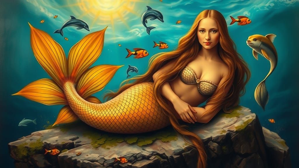 Mona Lisa Mermaid in Fantasy Ocean, Oil Painting