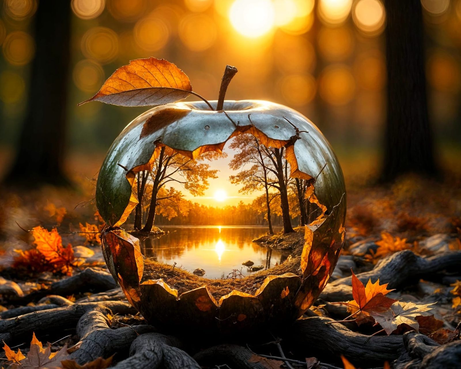 Surreal Metallic Apple Reveals Golden Autumn Landscape