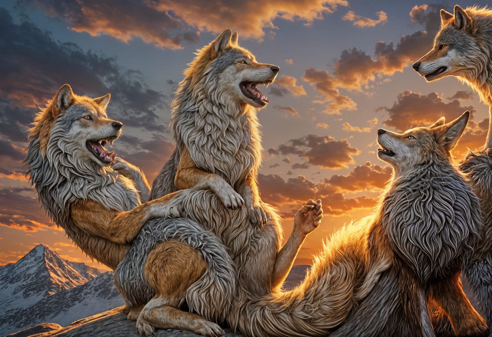 Golden Wolf Giving Birth: 3D Digital Art