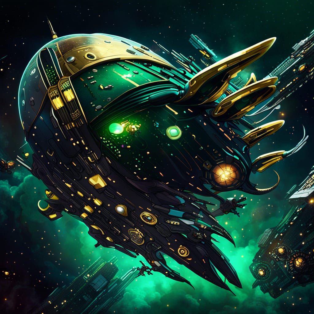 Squid Spaceship Attacks Station in Orbit: Digital Art