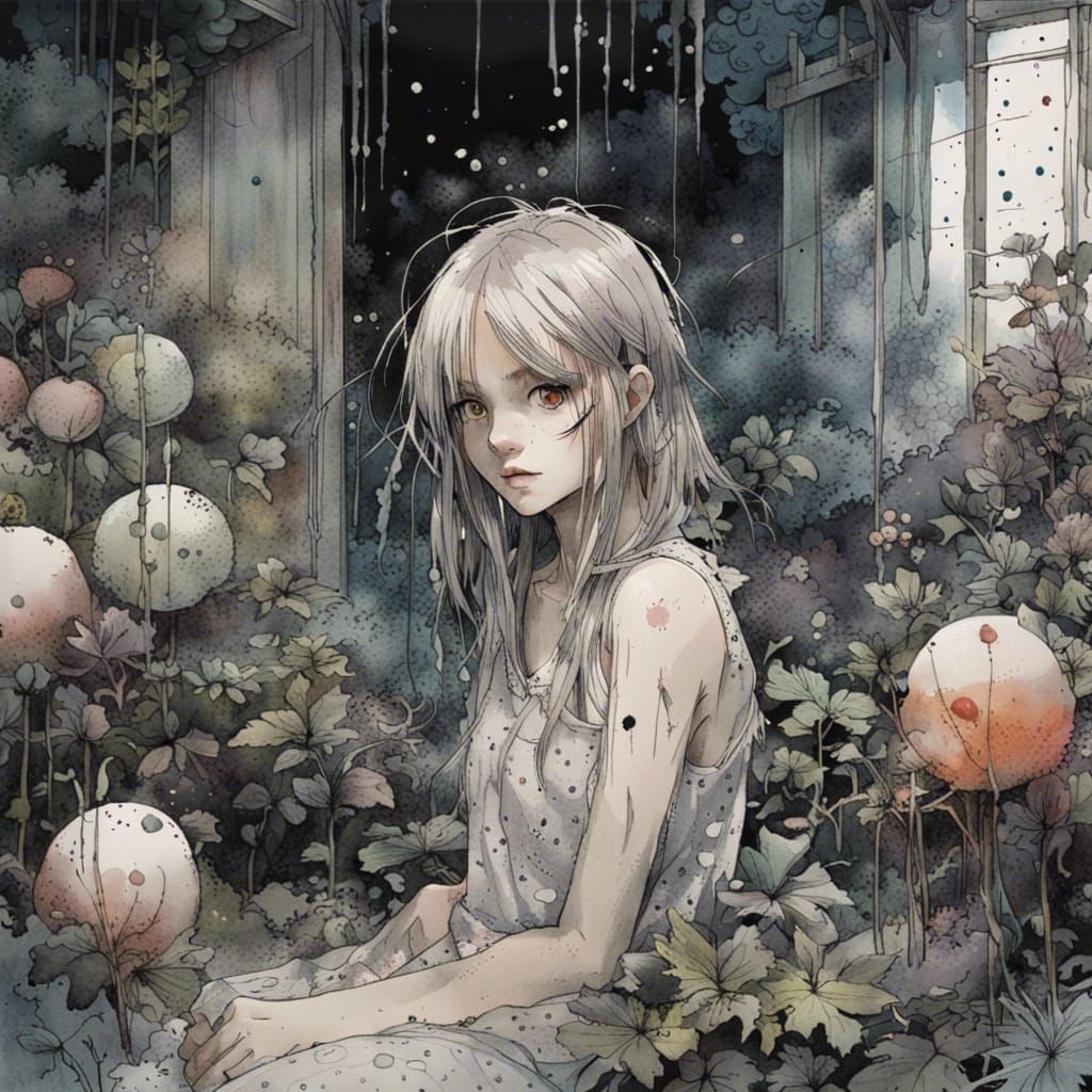 Anime Girl in Gothic Garden Watercolor Portrait