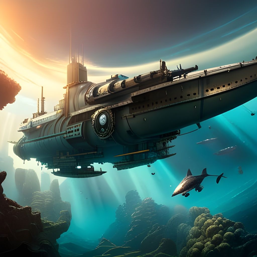 Steampunk Submarine Underwater Battle Scene