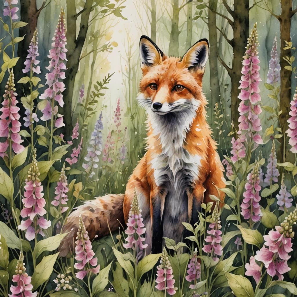 Fox in Foxgloves: Dreamy Watercolor Botanical Illustration