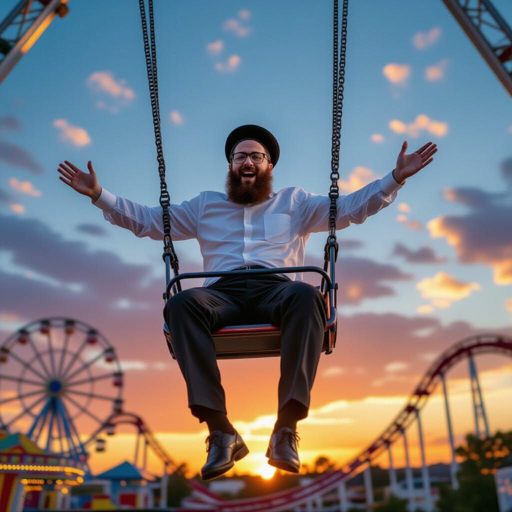 Joyful Haredi Man Soaring Above Amusement Park at Sunset