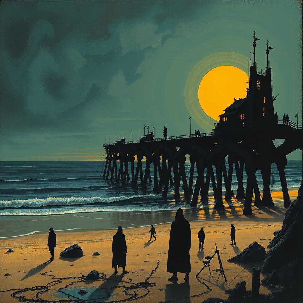 Dystopian Beachscape with Art Deco Silhouettes