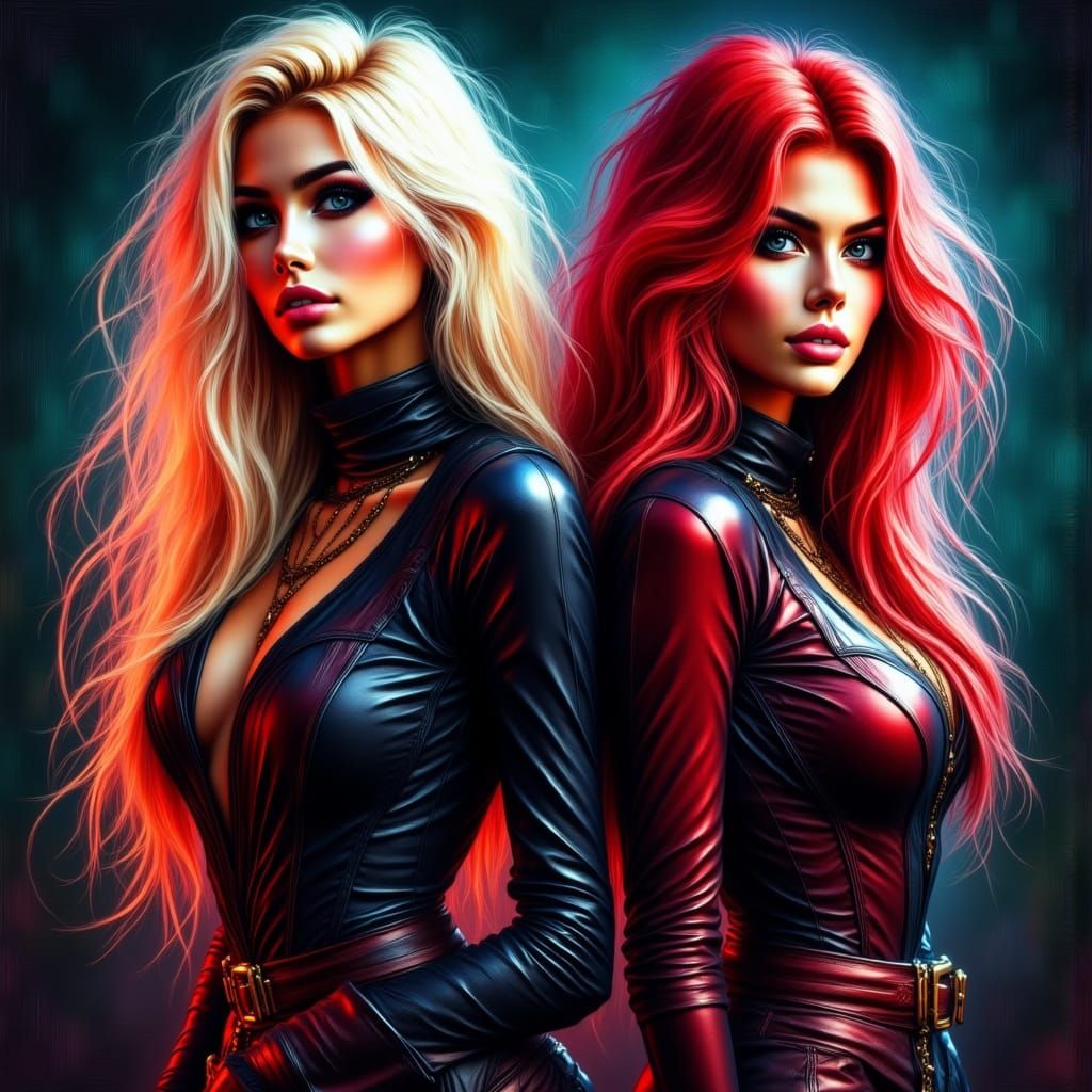 Two Women in Catsuits in Noir-Inspired Futuristic Style