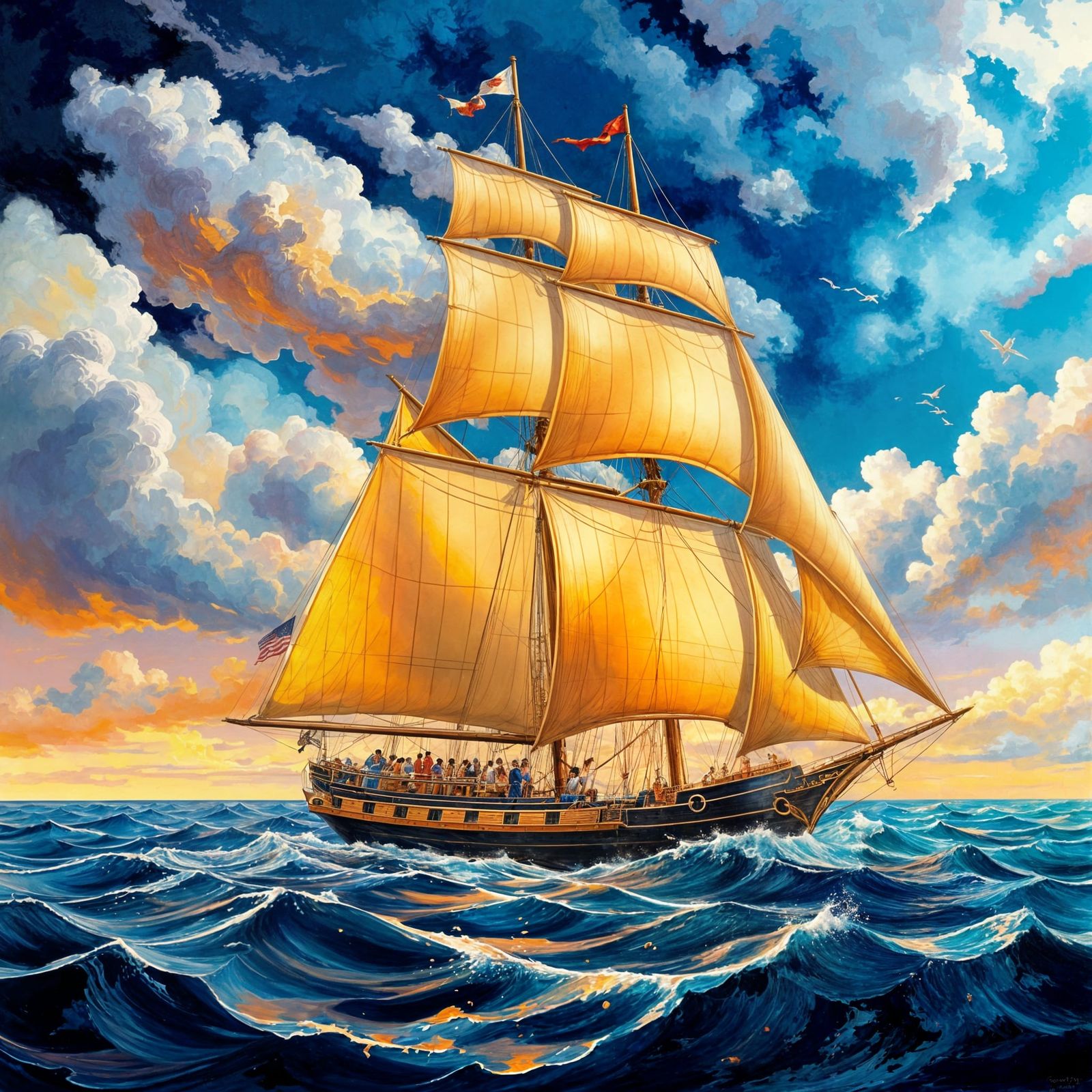 Vibrant Fantasy Sailing Ship in Oil Painting Style
