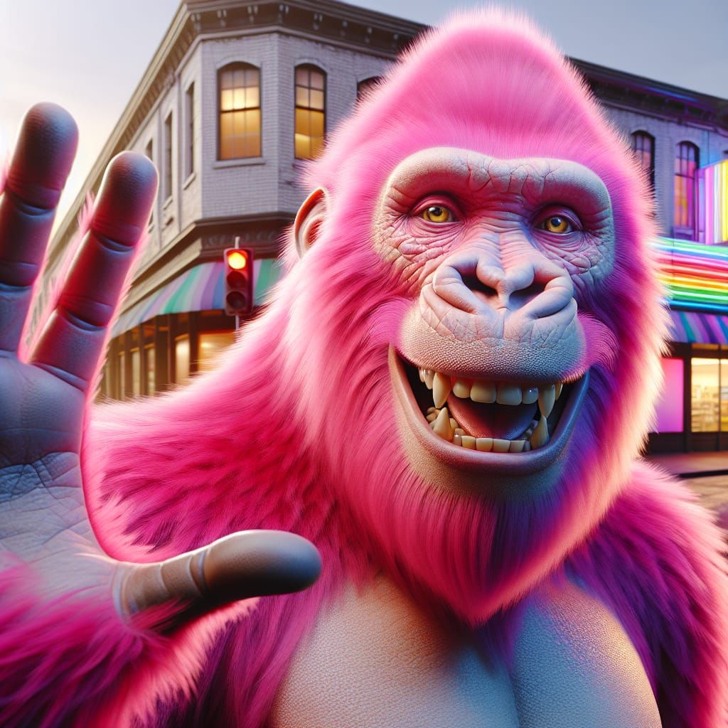 Smiling Pink Gorilla Waving: Hyperrealistic Concept Art