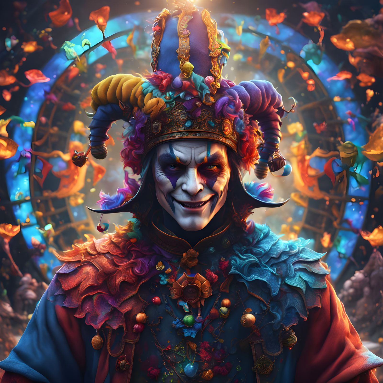Vibrant Jester in Whimsical Fantasy World
