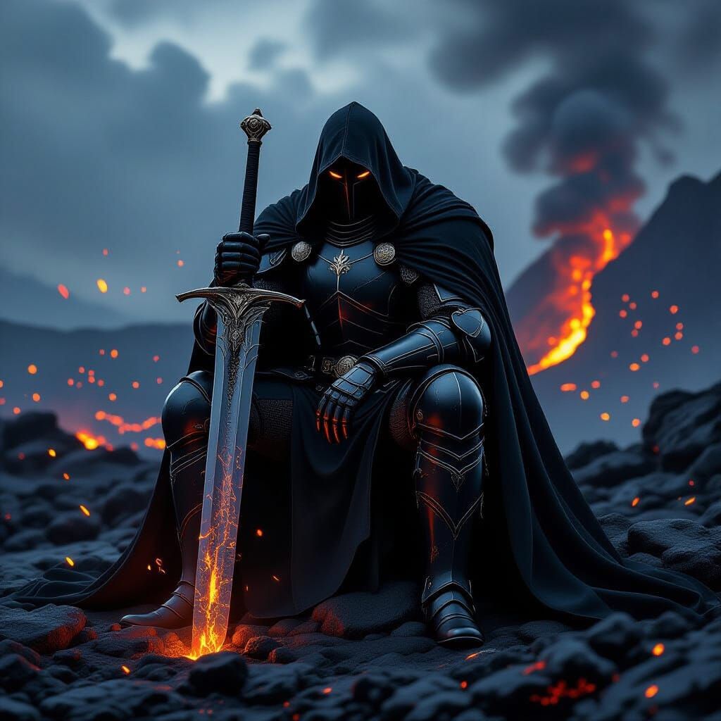 Pensive Knight on Volcanic Rocks with Molten Glow