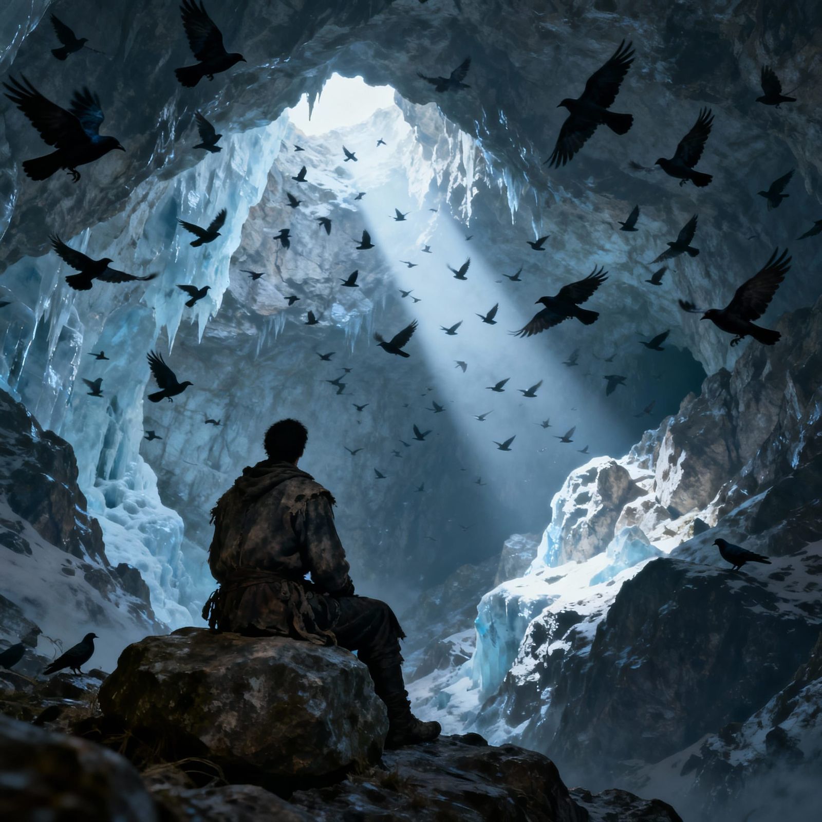 Lone Figure Gazes Into Illuminated Cavern in Rugged Mountain...