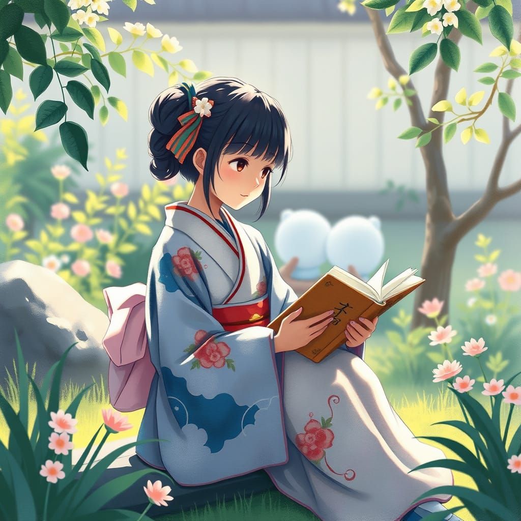 Japanese Girl Reading in Garden, Watercolor Style