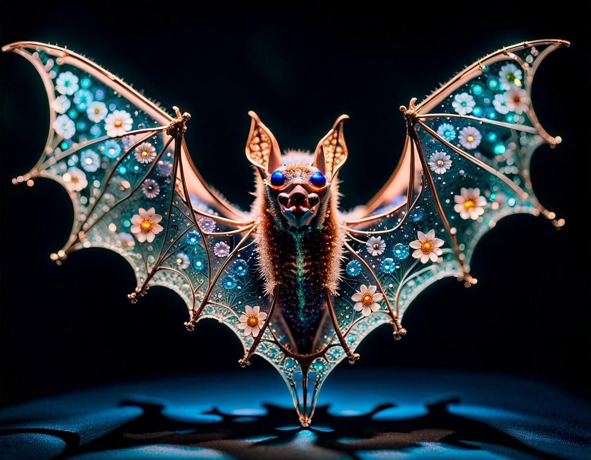 Crystallized Bat with Bioluminescent Flowers in Hypermaximal...