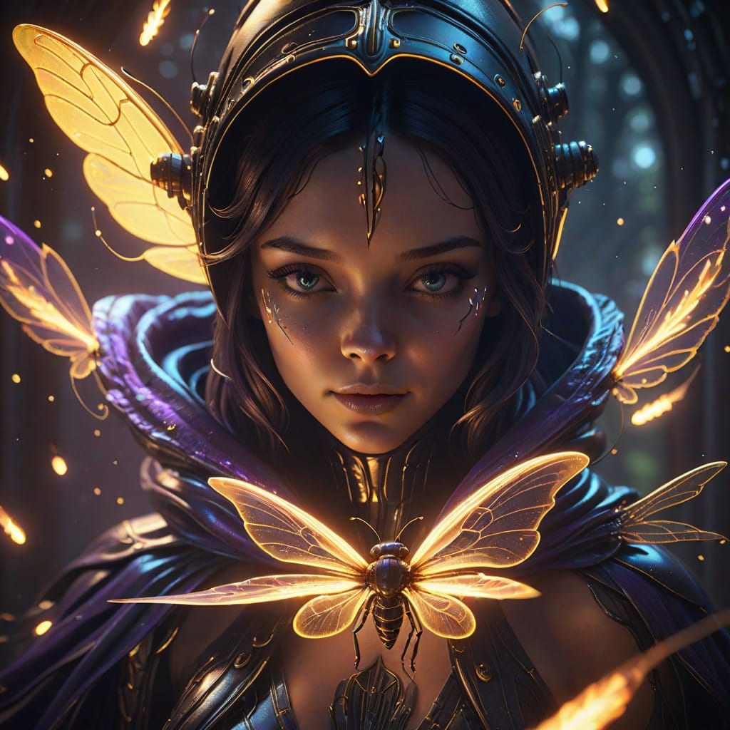 Iridescent Firefly Guardian in Whirling Vortex of Light