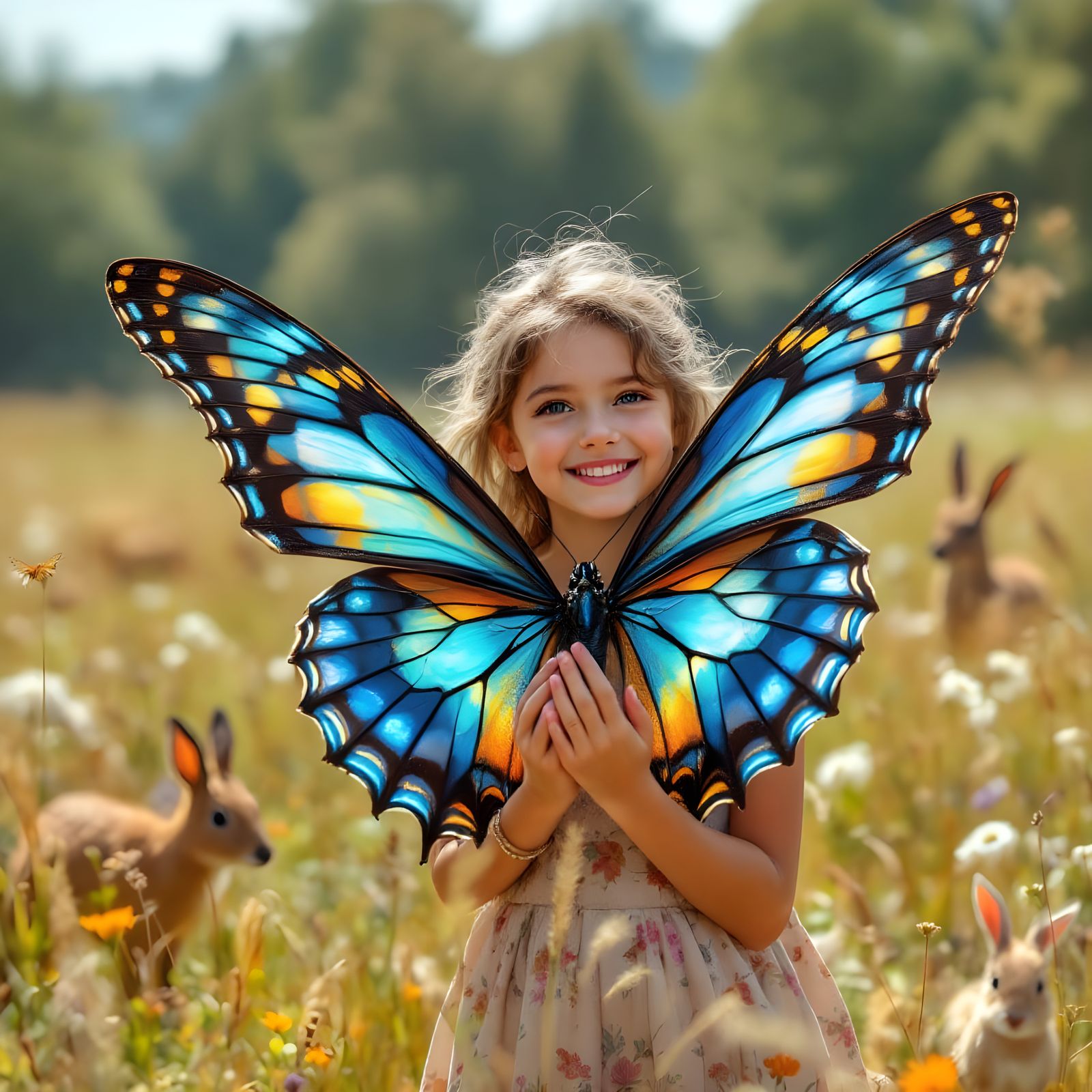 Girl with Giant Butterfly in Sunny Meadow