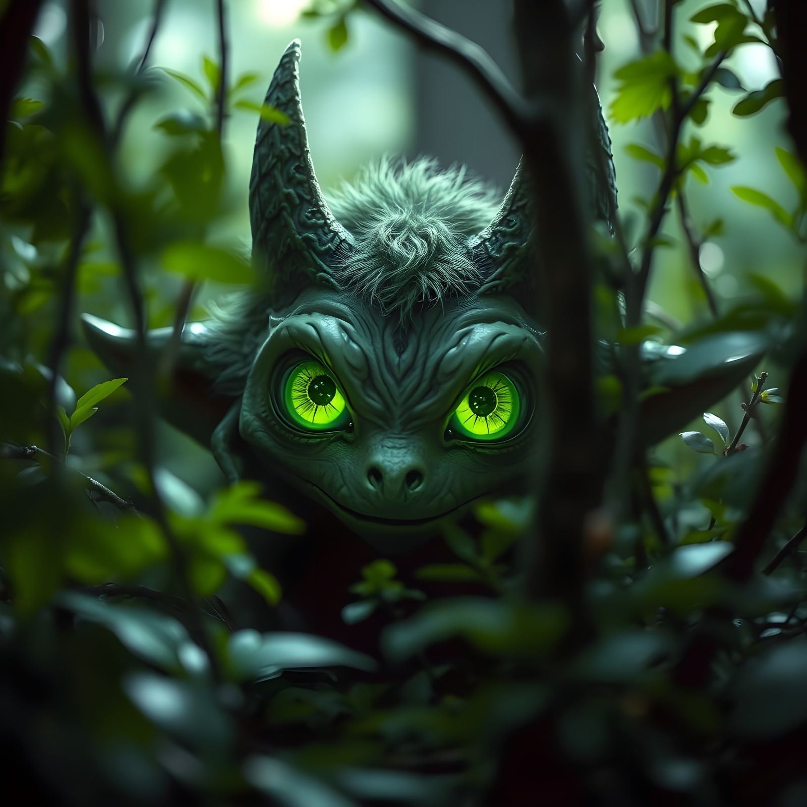Fantasy Creature's Gentle Glowing Eyes Shine in Dense Lush F...