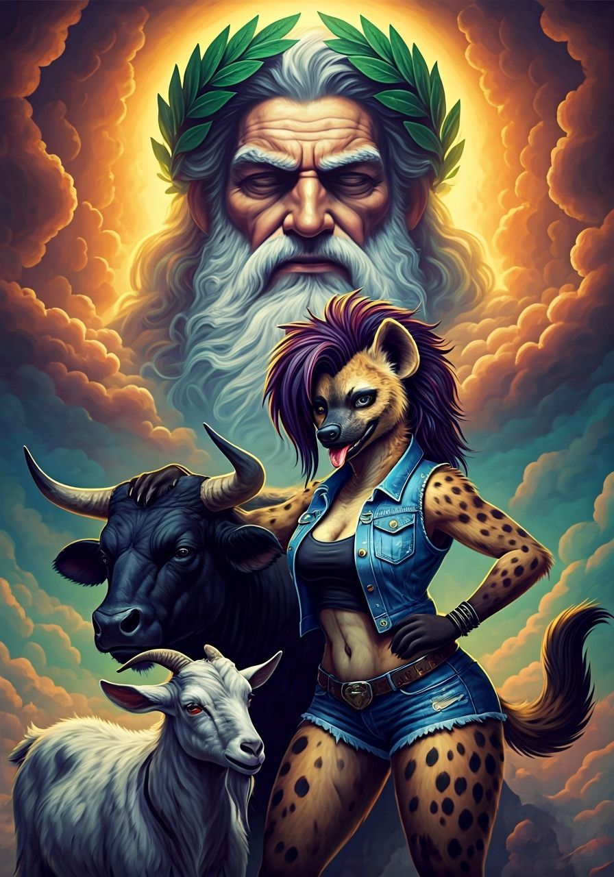 Zeus and Hyena: Mythic Acrylic Painting