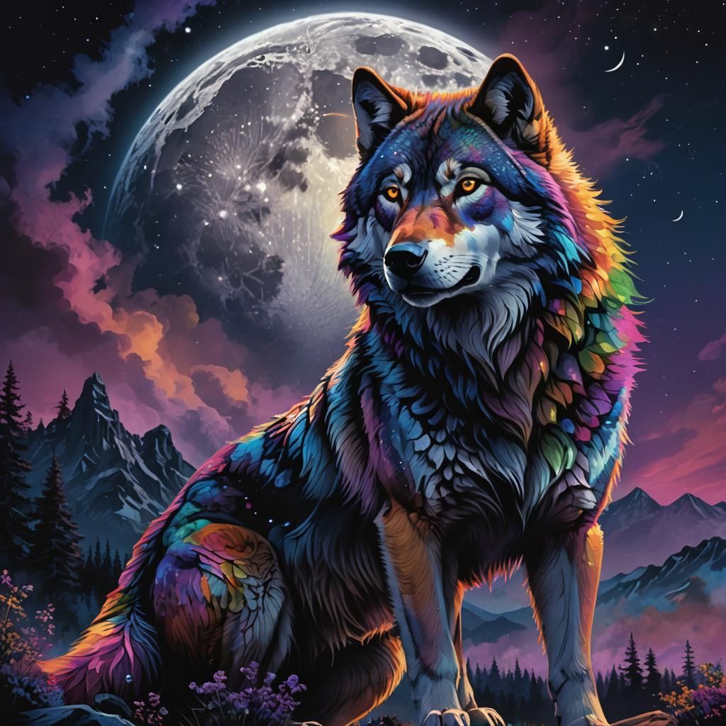 Rainbow Wolf Howls at Moon, Digital Art