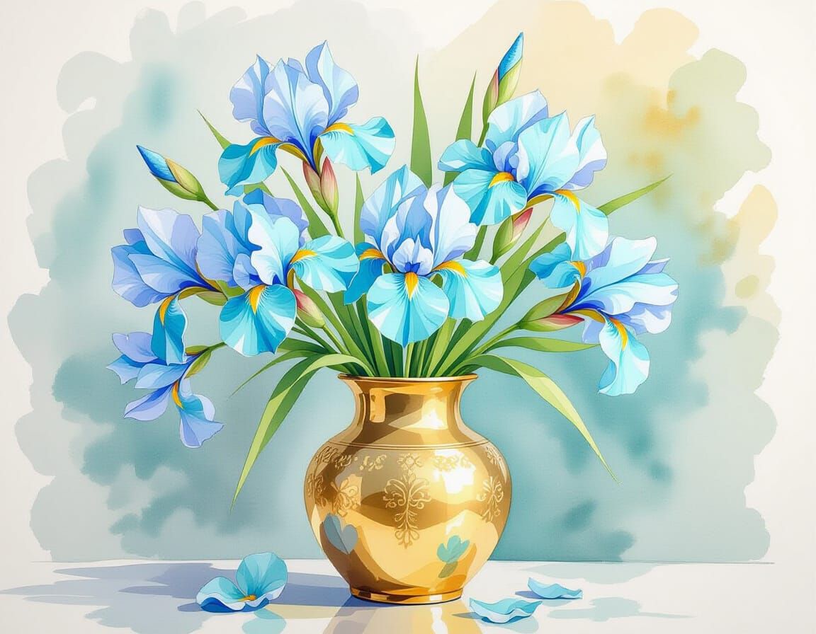 Turquoise Irises in Golden Vase: Maximalist Watercolor