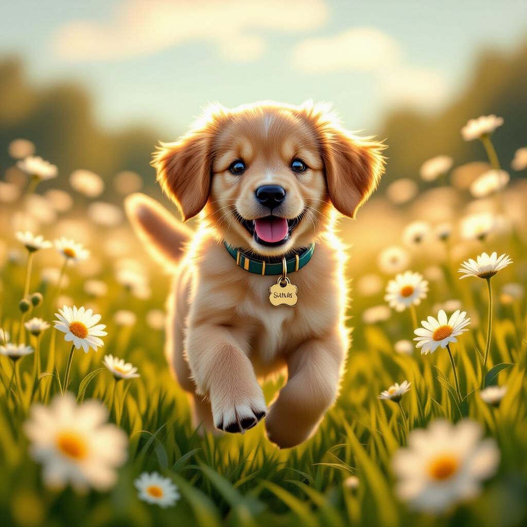 Golden Retriever Puppy in Daisy Field: 3D Digital Art