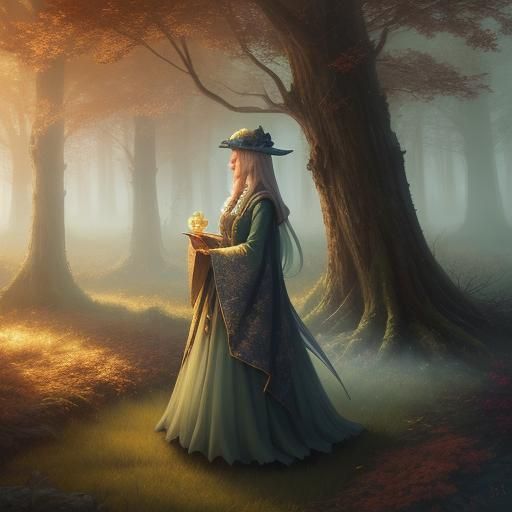 Whimsical Witch in Misty Forest with Autumn Colors