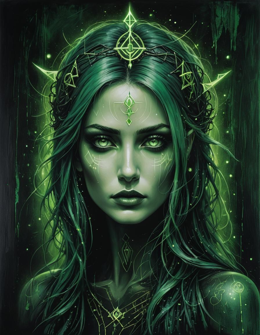 Goddess Portrait with Green Hair and Runes