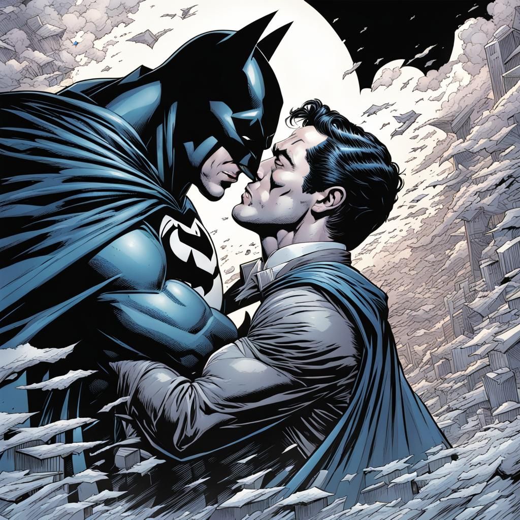 Batman and Superman Kiss in Comic Book Art