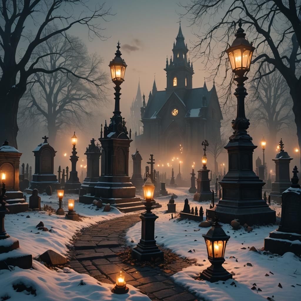 Foggy Victorian Graveyard with Glowing Lights