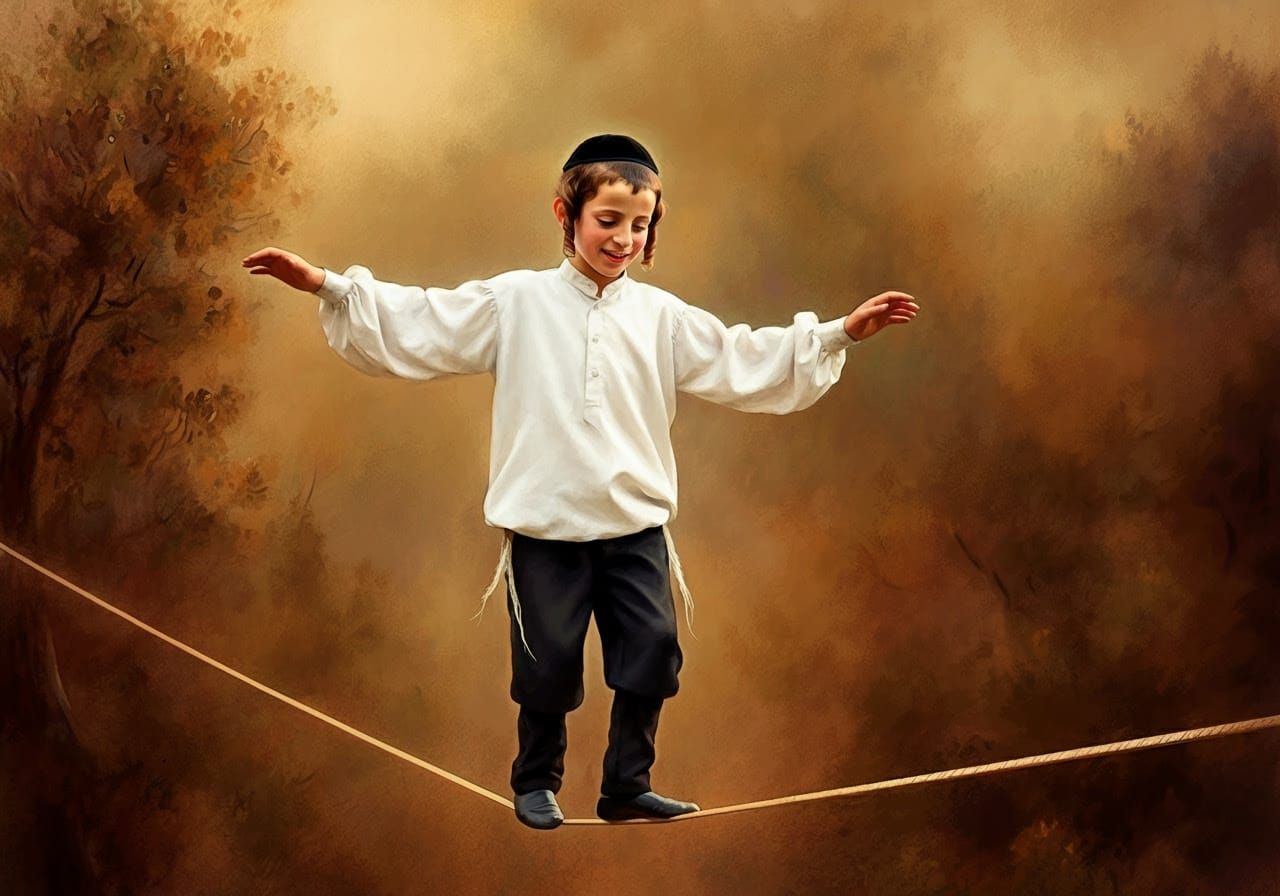 Hasidic Boy Balances on Tightrope in Serene Forest Glade