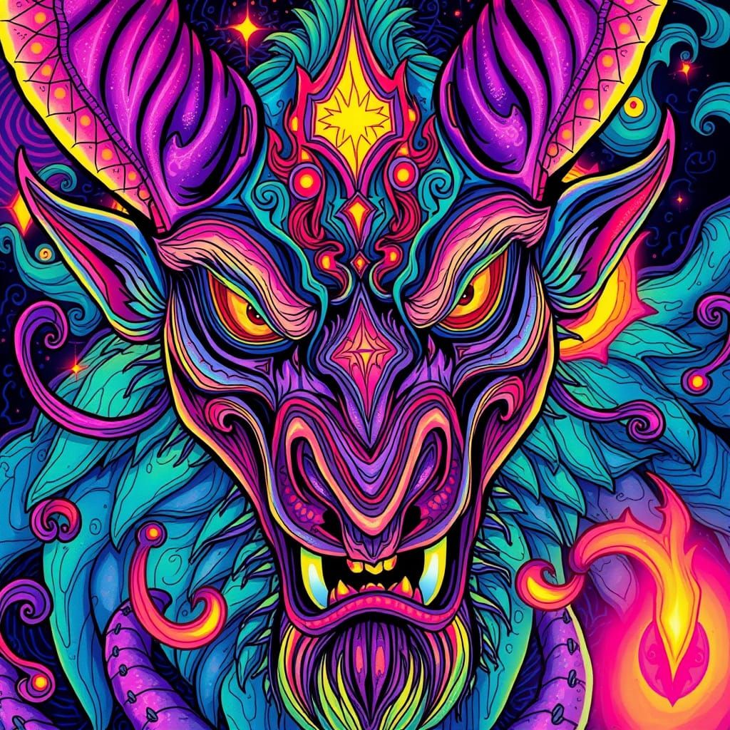 Psychedelic Demon Portrait in Ornate Line Art Style
