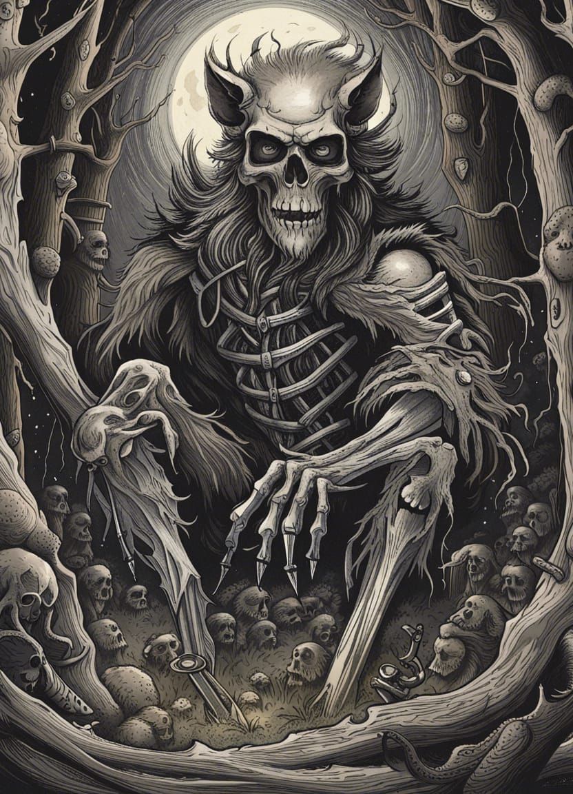 Creepy Skeleton Werewolf in Dark Forest Ink Drawing
