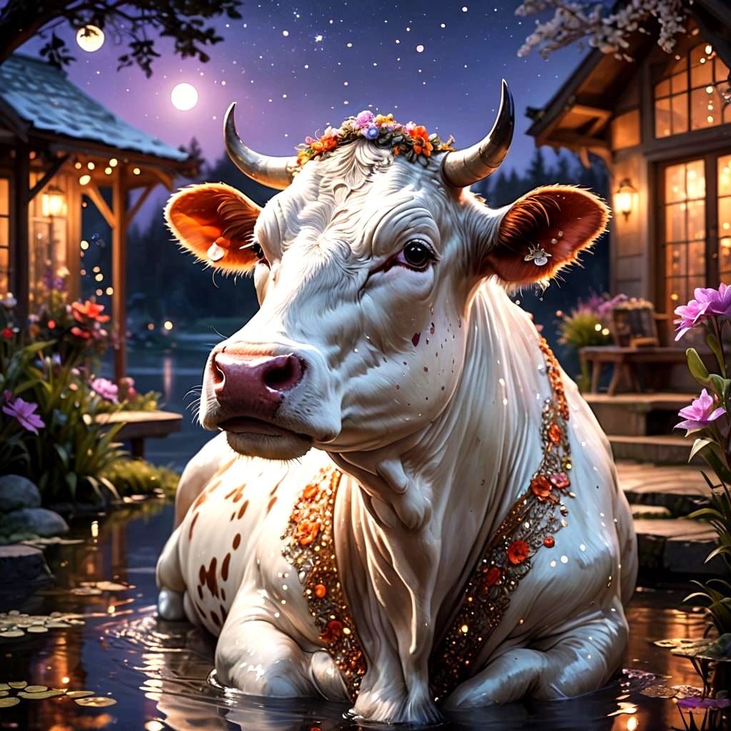 Cow with Beautiful Eyes in Moonlit Garden
