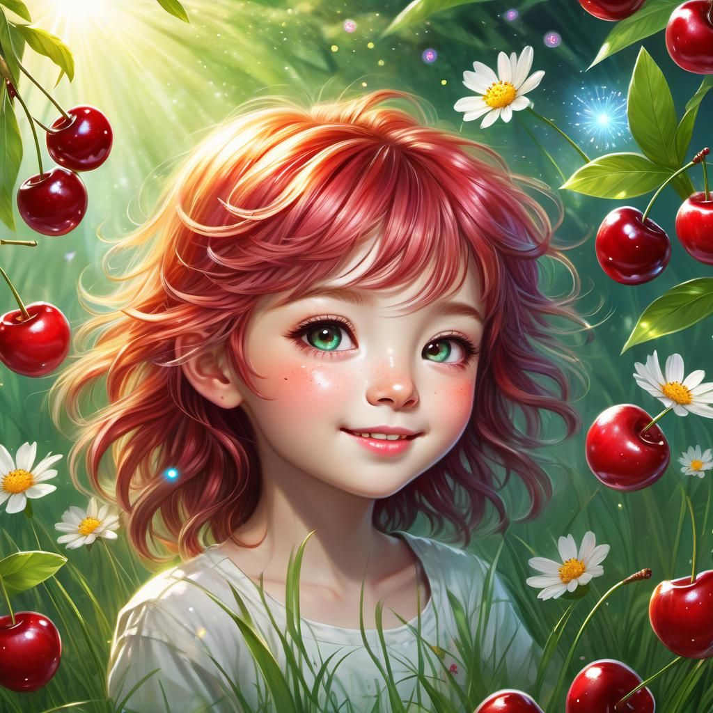 Vibrant Cherries in Chibi Style with Wildflowers
