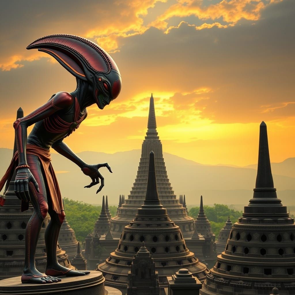 Aliens with Glowing Swords on Borobudur Temple