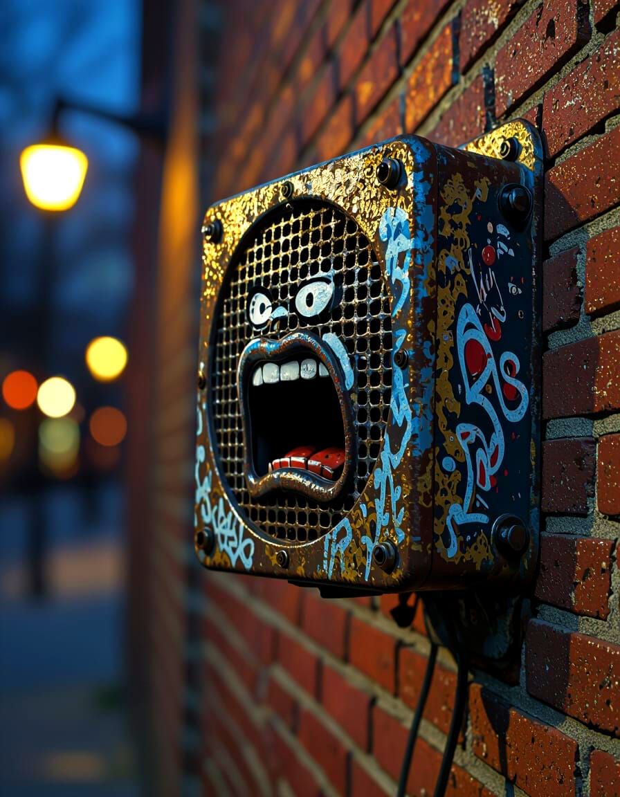 Old Street Speaker Grille as Graffiti Mouth in Moody Lightin...