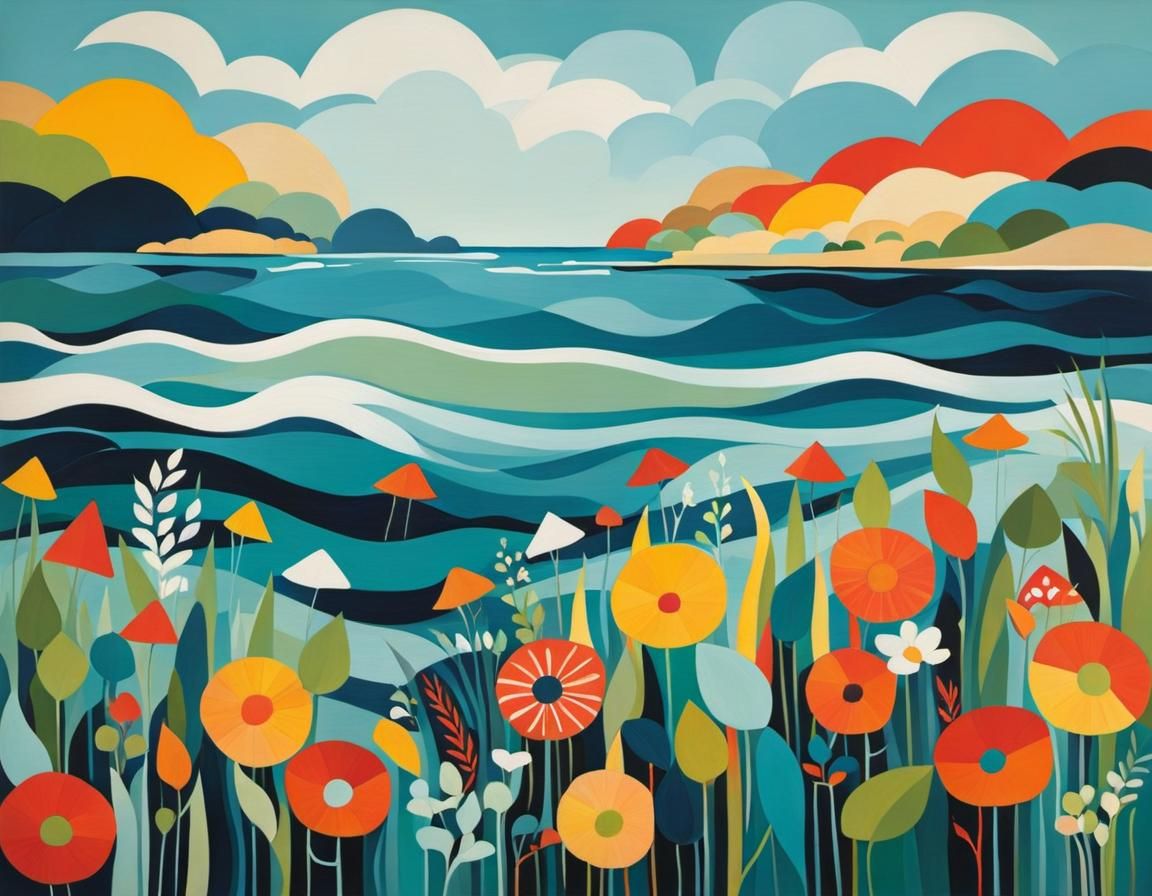 Abstract Seascape in Mary Blair Style