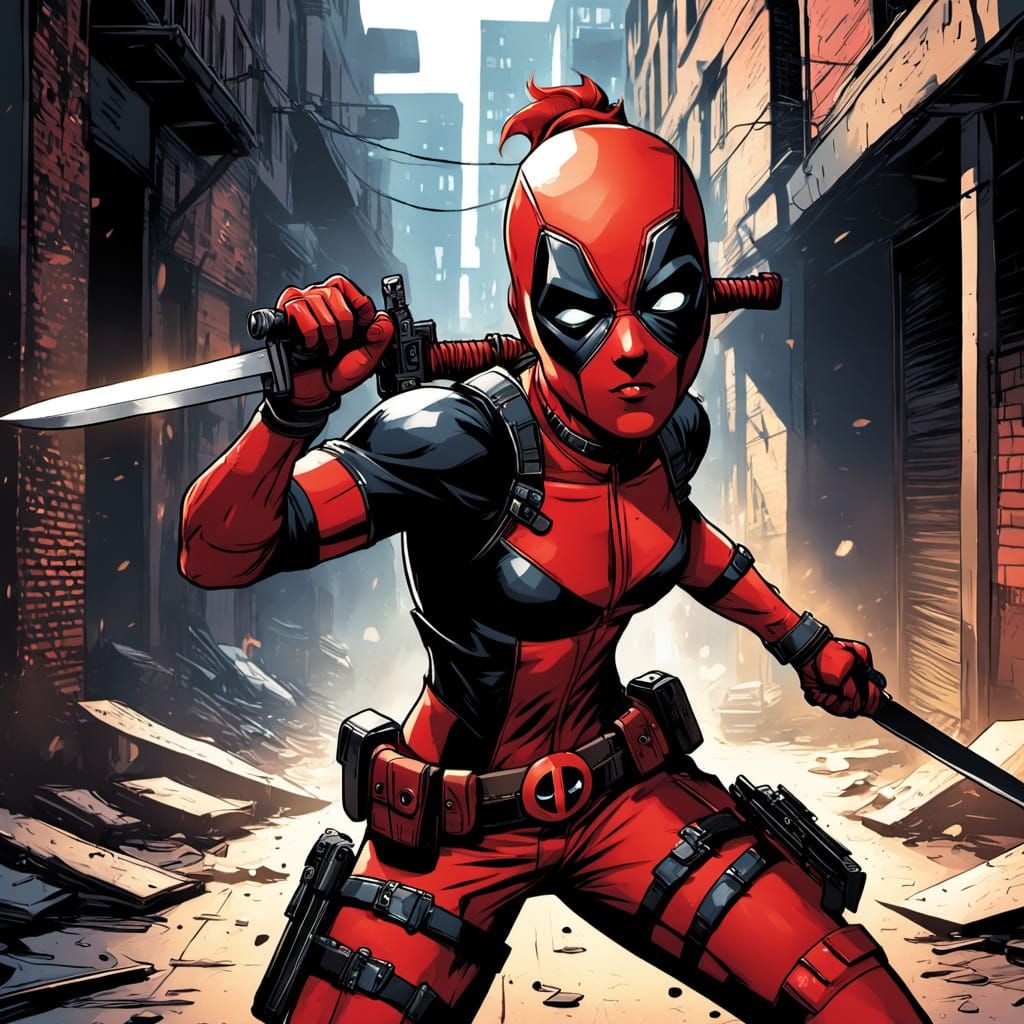 Female Deadpool in Dark Alleyway Comic Art