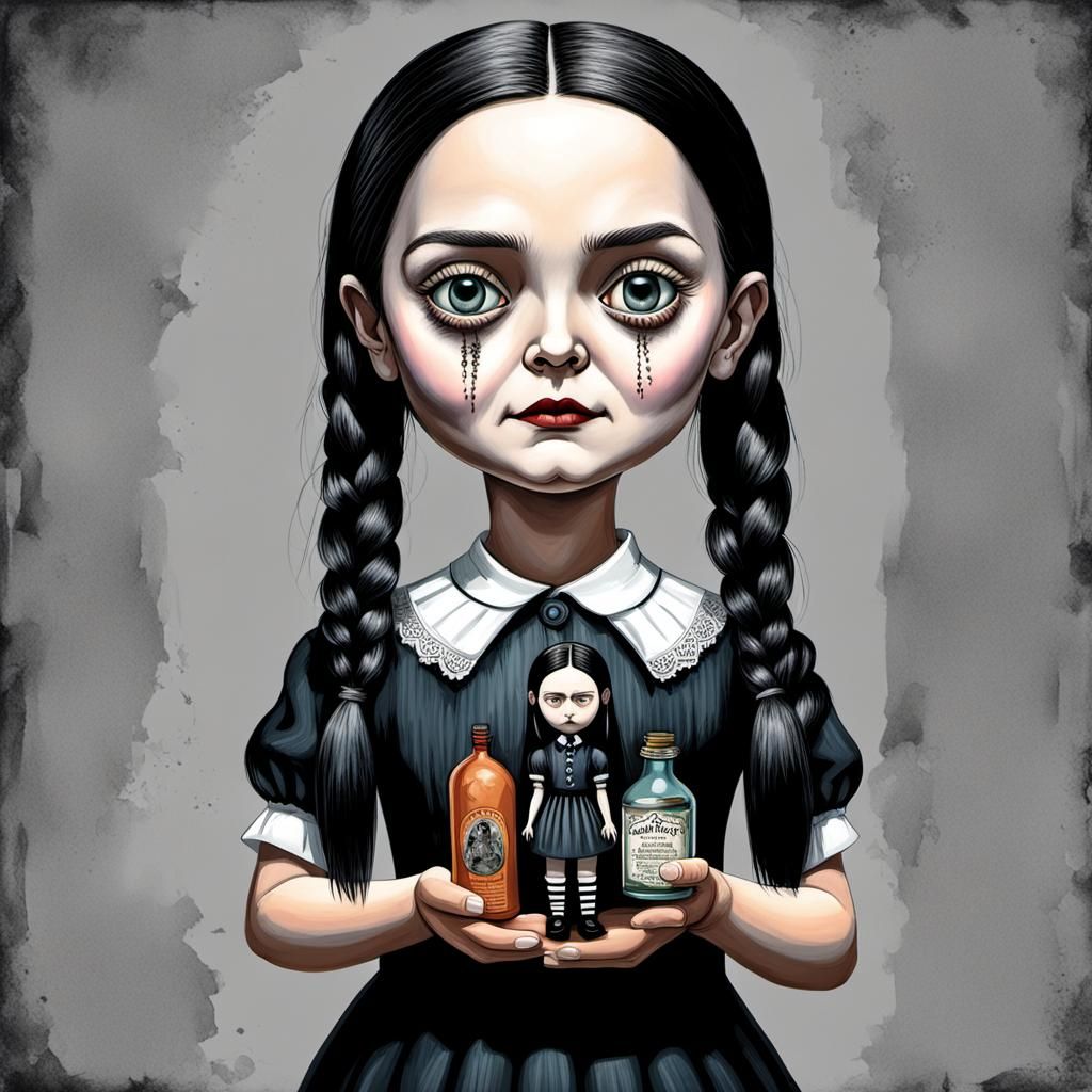 Wednesday Addams Caricature with Poison and Doll