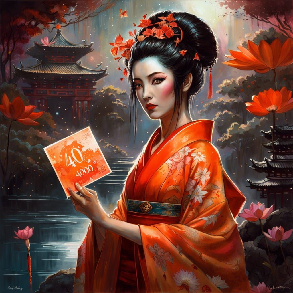 Geisha Holding '4000' Card in Dark Fantasy Style
