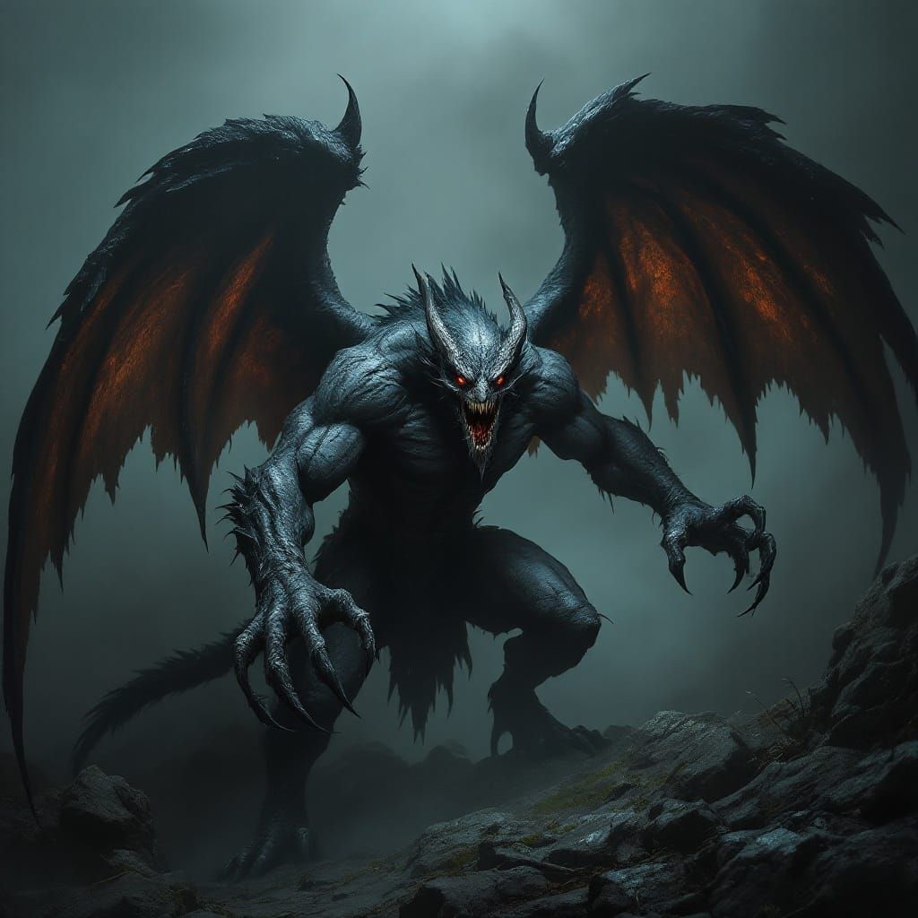 Sinister Gargoyle Beast in Dark, Gothic-Inspired Landscape