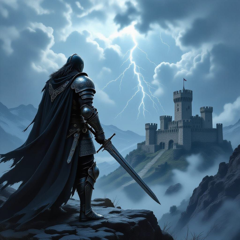 Knight Gazing at Fortress in Stormy Landscape