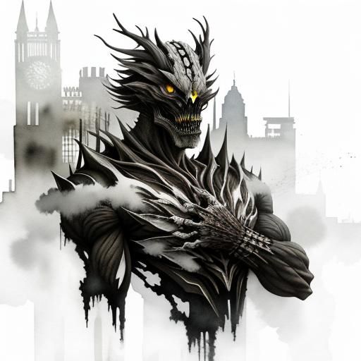 Surreal Monster in Dystopian Cityscape: Double Exposure