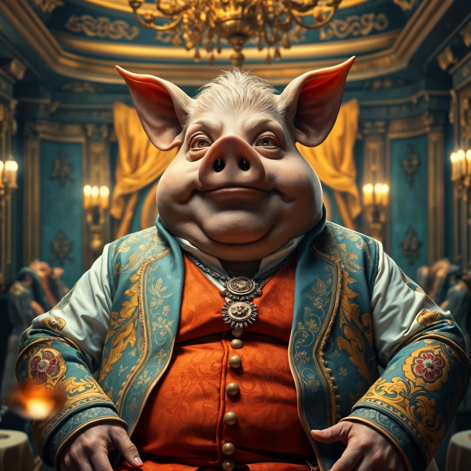 Pig-Headed Man at Lavish Banquet, Hyperdetailed Art