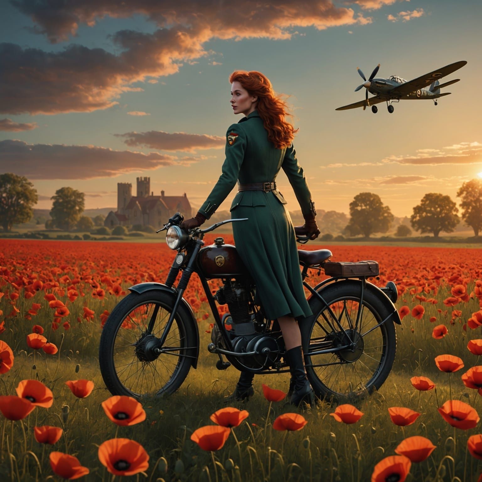 Poppy Field Sunset: Auburn Haired Lady and Spitfire
