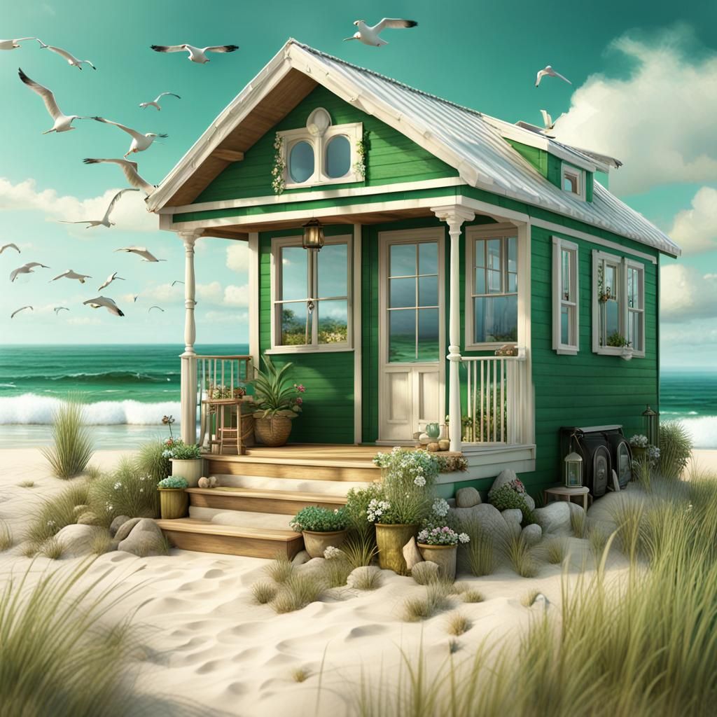 Emerald Tiny House on Beach: Digital Matte Painting