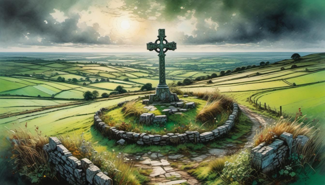 Celtic Cross Over Green Fields of Ireland