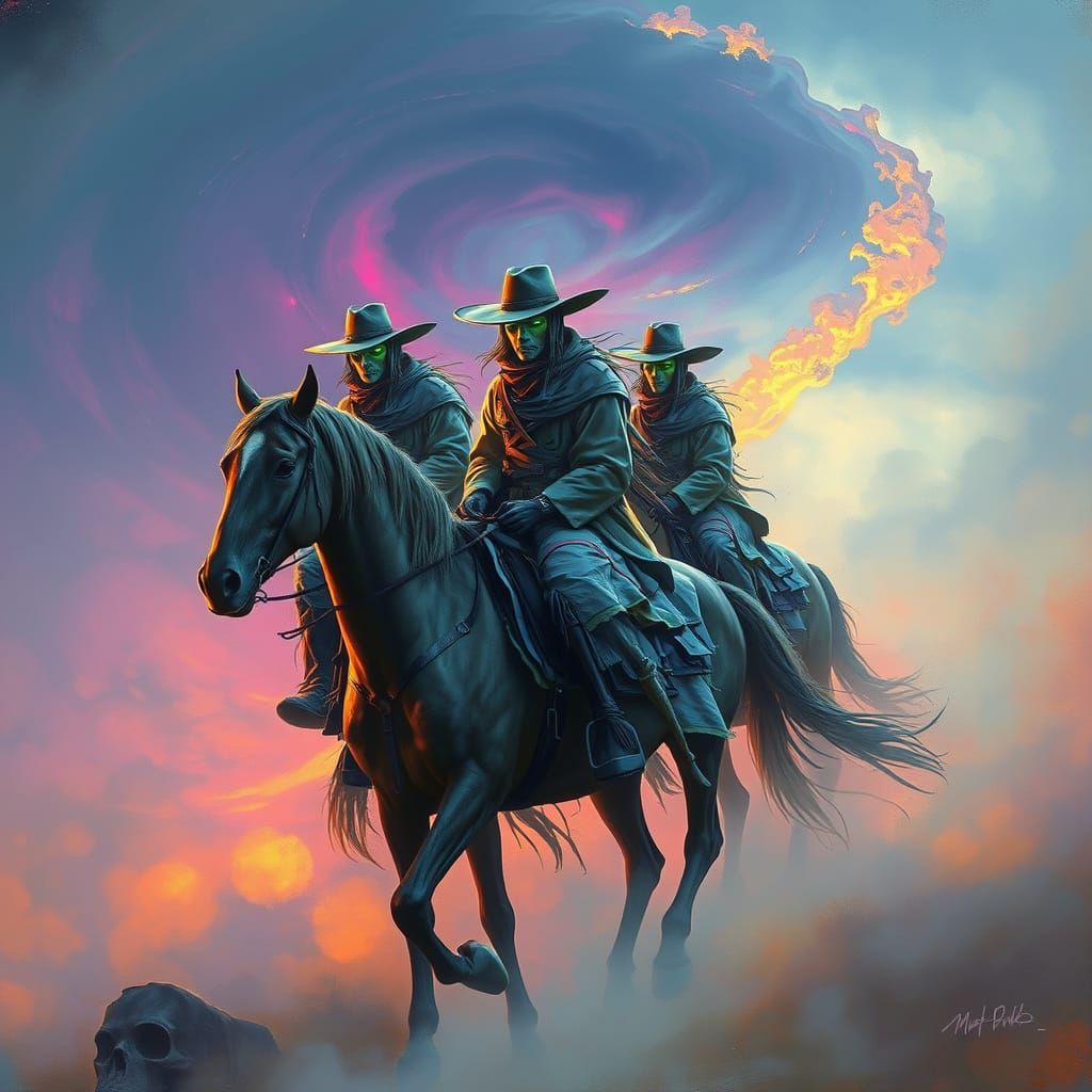 Ethereal Cowboys Ride Through Dreamlike Mist
