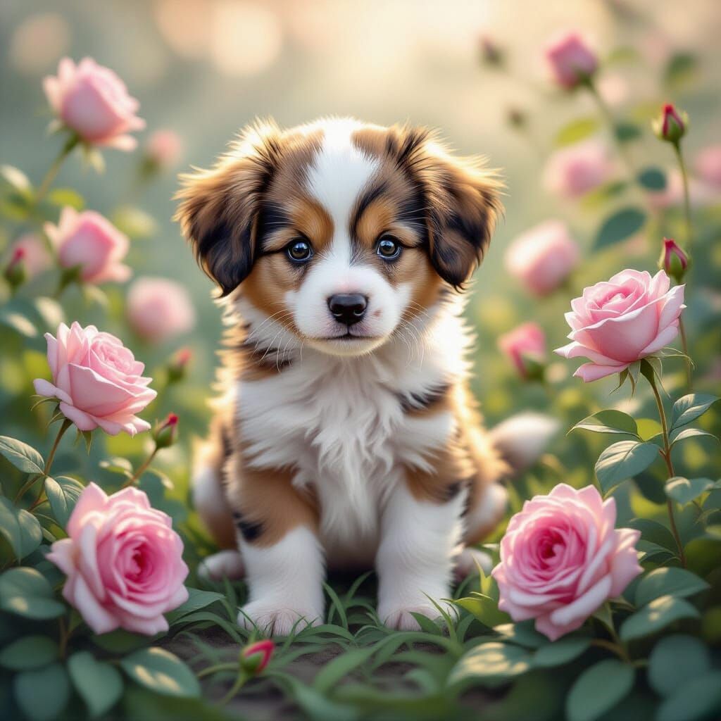 Puppy in Rose Garden: Ethereal Fantasy Art