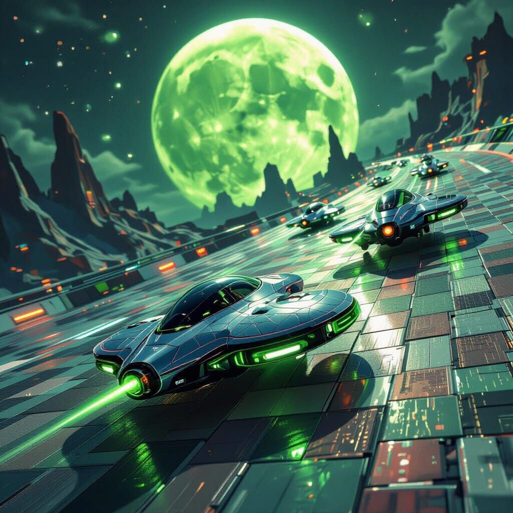 Quilted Drones Race to Green Moon in Sci-Fi Style