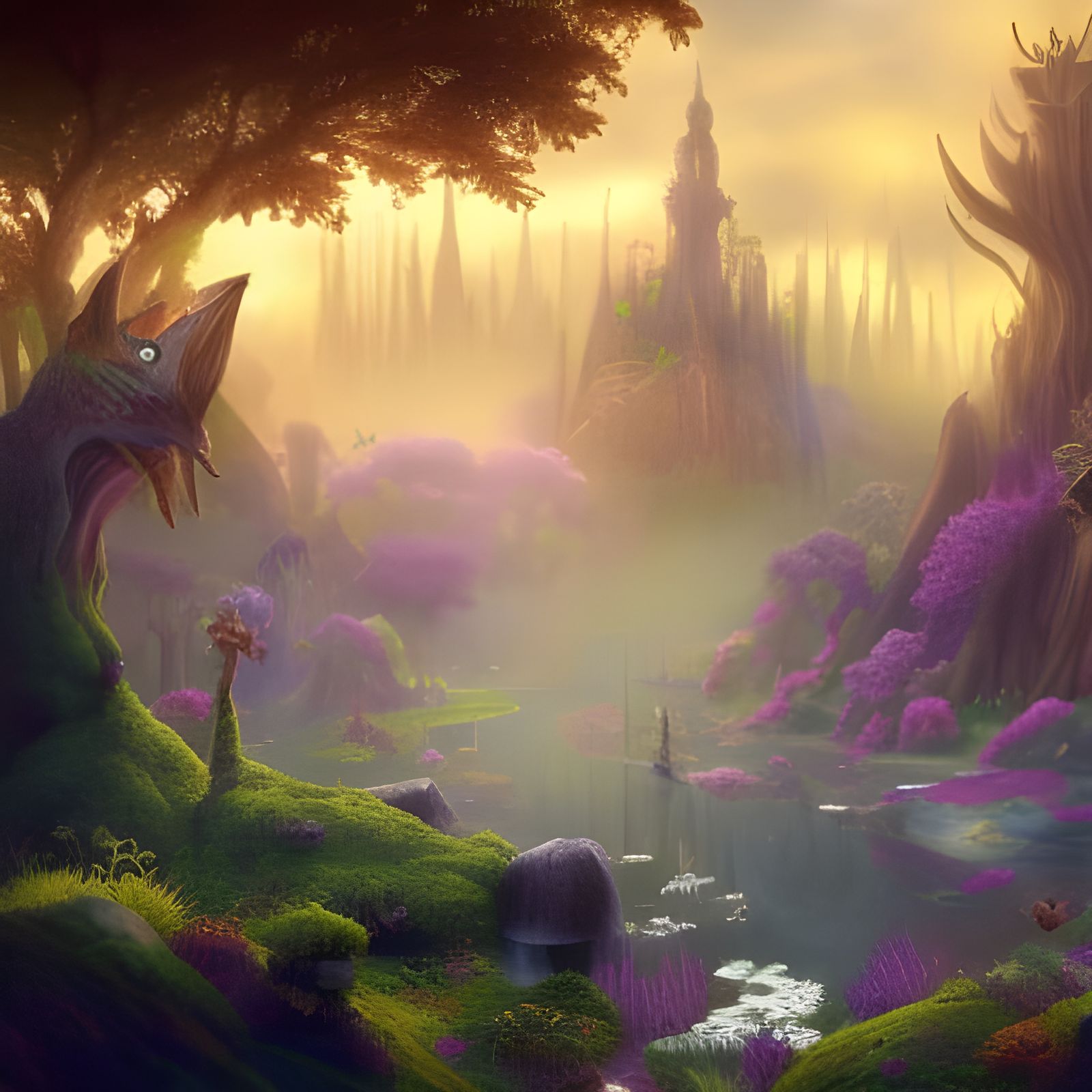 Enchanted Forest with Magical Creatures in Dark Fantasy Styl...